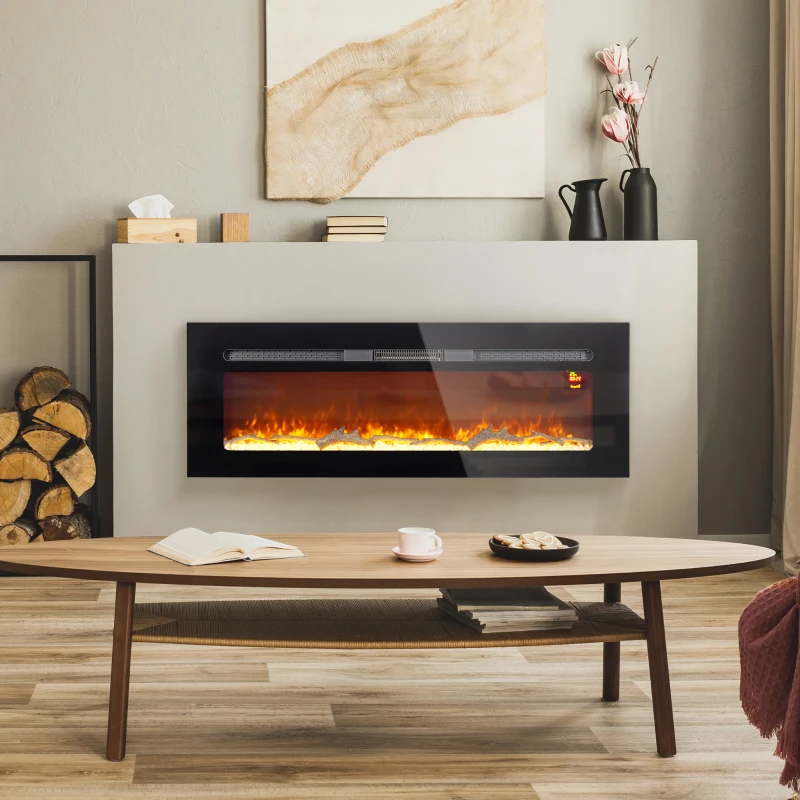 HOMCOM Șemineu Electric 1800W Reglabil cu Telecomandă, din Oțel și Sticlă Temperată, 127x15.8x45 cm, Negru
