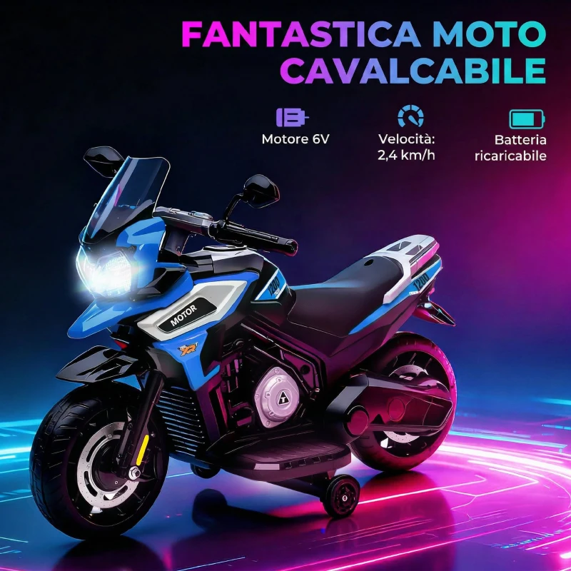 AIYAPLAY Moto Elettrica per Bambini con Rotelle, Specchietti e Poggiapiedi, in PP e Metallo, 85.5x44.5x56 cm, Blu