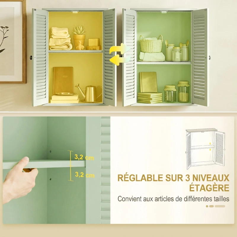 HOMCOM Armoire murale de salle de bain, meuble de rangement suspendu avec 2 portes persiennes et étagère réglable, vert