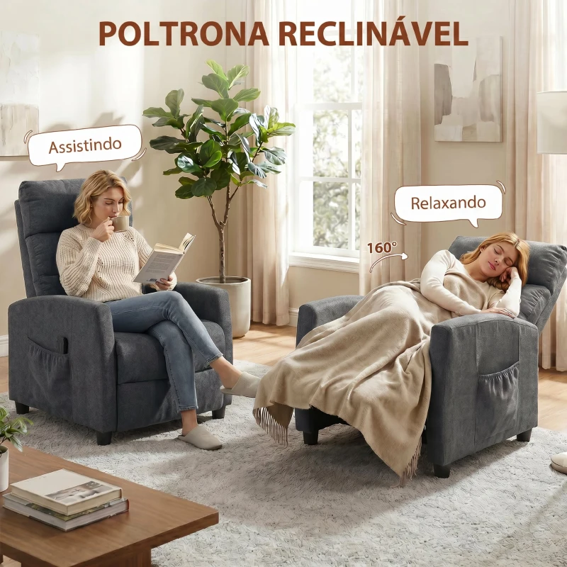 HOMCOM Poltrona de Massagem Reclinável com Apoio para Pés 2 Zonas de Massagem Encosto Alto Bolsos Estofada em Chenille Cinzento