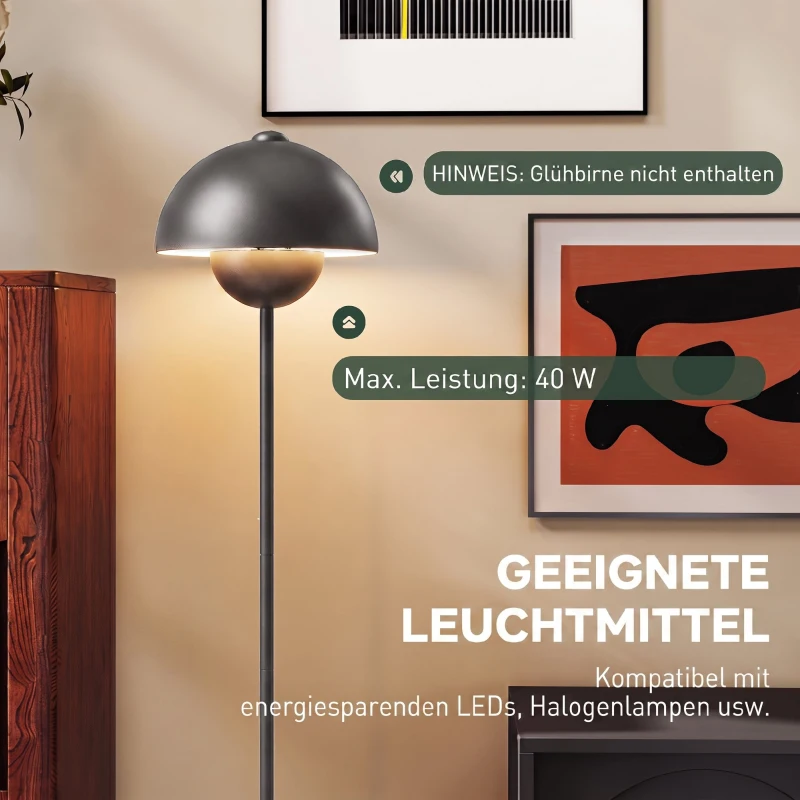 HOMCOM Stehlampe, runder Schirm, Fußschalter, langes Kabel, eleganter Look, Metall, Grau