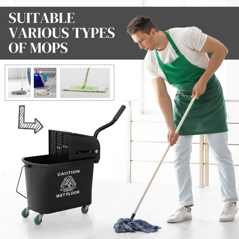 HOMCOM 20L Compact Mop Bucket on Wheels, with Water Separation Panel - Black