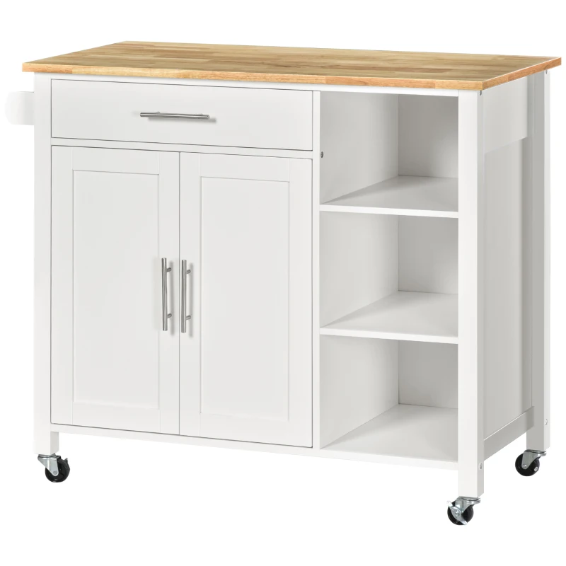 HOMCOM Carrinho de Cozinha com Rodas 1 Gaveta 2 Portas 3 Prateleiras Abertas e Barra lateral 107,5x48x89cm Branco