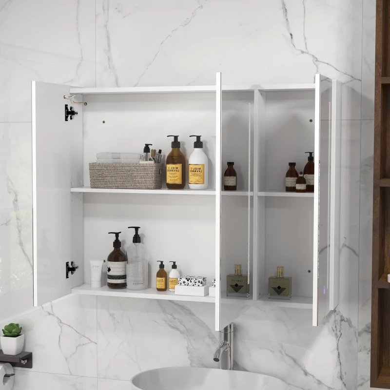 kleankin Armadietto con Specchio con Ripiani Regolabili e Luci LED a 3 Colori, in MDF e Vetro, 90x15x70 cm, Bianco