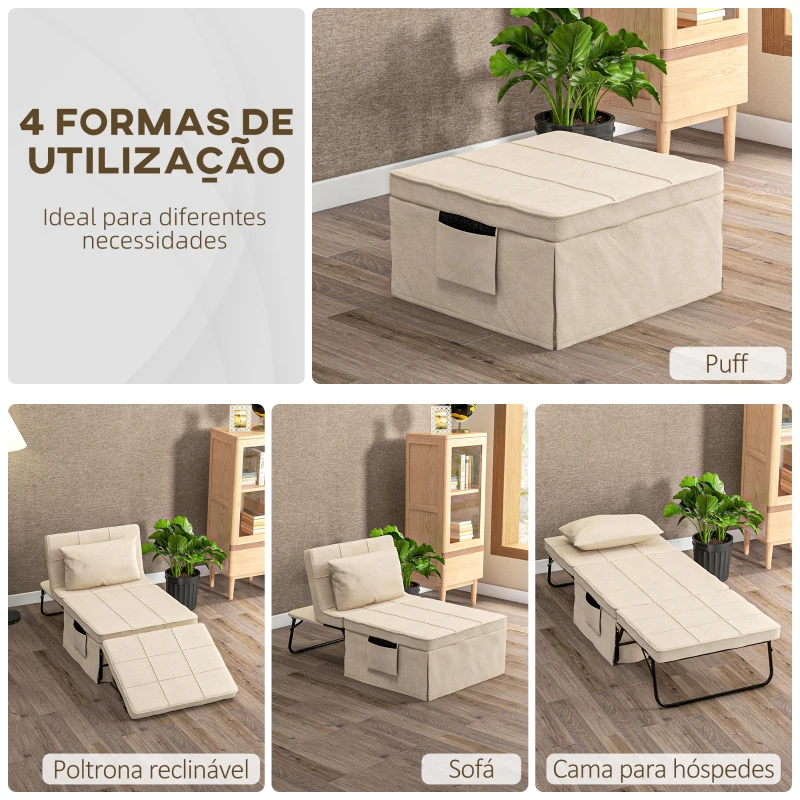HOMCOM Sofá Cama 4 em 1  Estofado em Linho com Encosto Ajustável em 5 Níveis e Almofada Acolchoada  75x80x74 cm Creme