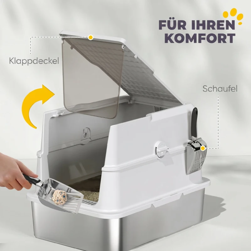 PawHut Katzentoilette, Edelstahl, XL-Innenraum, mit Schaufel, Hellgrau