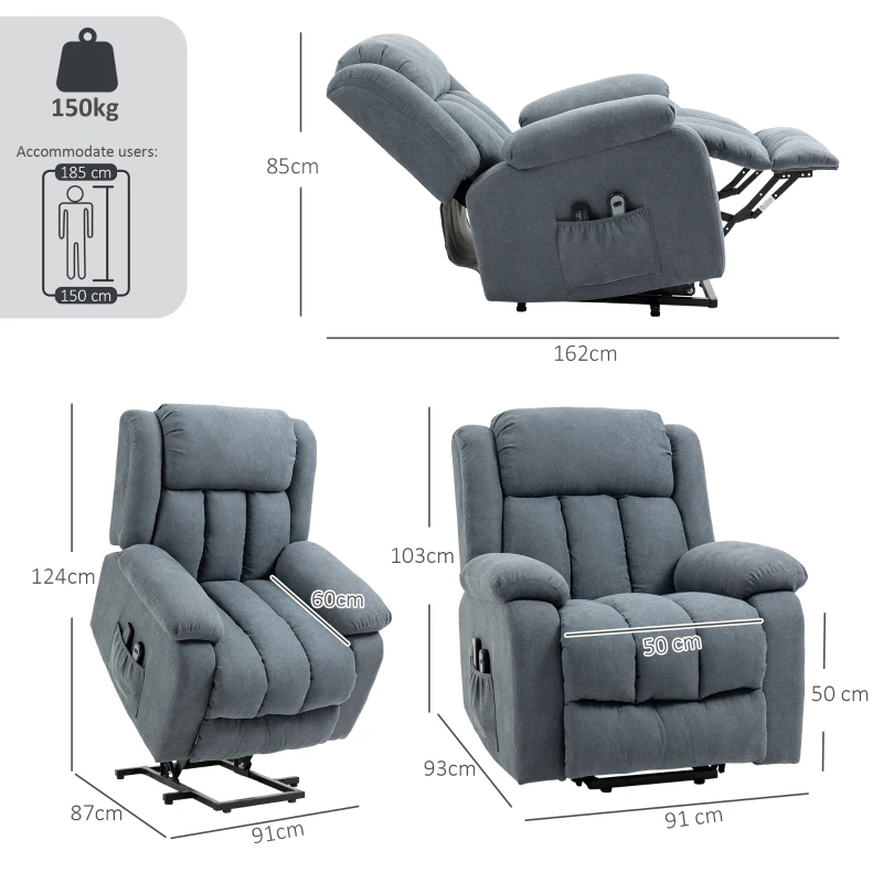 HOMCOM Fotoliu Electric cu Ridicare și Reclinare 135° din Țesătură cu Aspect de In, Suport Picioare, Gri