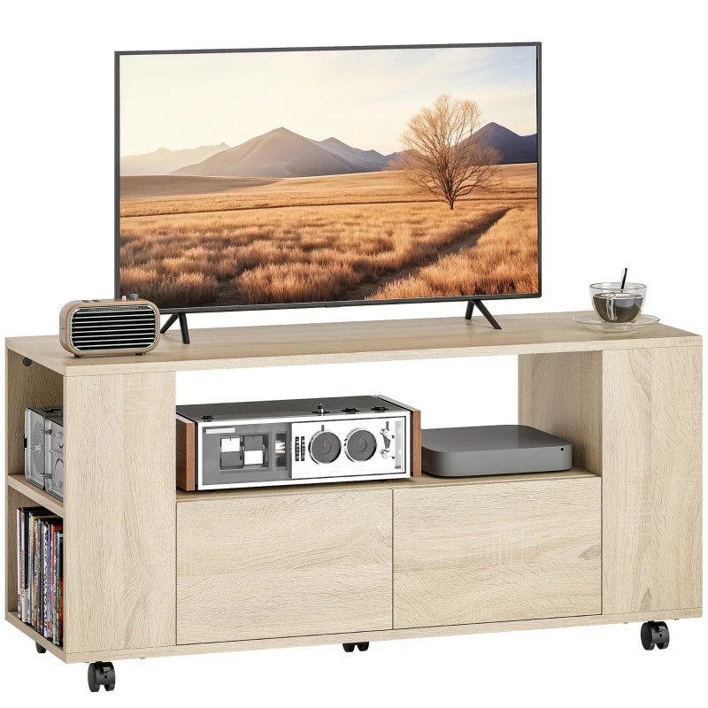 HOMCOM Meuble TV sur roulettes 102 cm, meuble télé pour téléviseur jusqu'à 42 pouces, 2 tiroirs, compartiments ouverts, naturel(m-11)