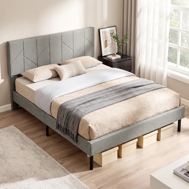 HOMCOM Cadre de Lit 140 x 190 cm avec Sommier et Tête Réglable, Lit Double Rembourré en Lin, Rangement au-dessous, Gris