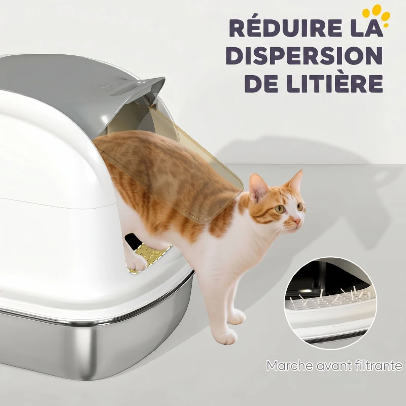 PawHut Bac à Litière pour Chat en Acier Inoxydable Caisse Litière Fermée pour Chats Couvercle Contrôle des Odeurs XL Blanc