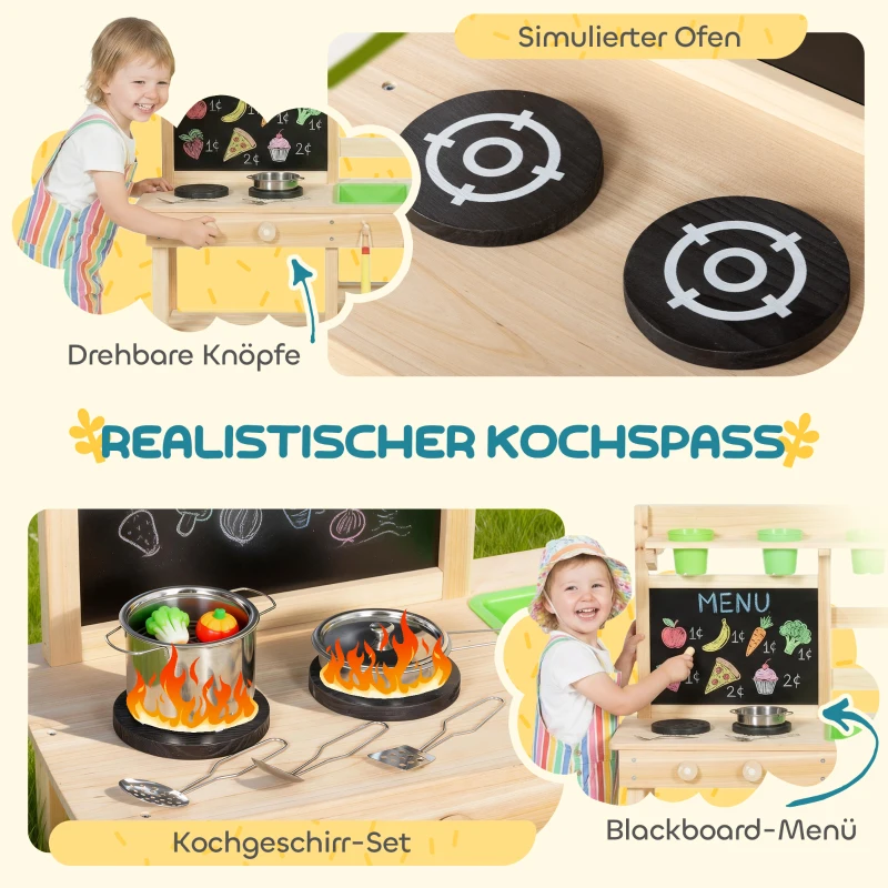 AIYAPLAY Matschküche Kinder Outdoor, Spielküche aus Holz mit Spüle Herd Pflanztöpfen Tafel für 3-6 Jahre 77x32x95 cm Naturholz