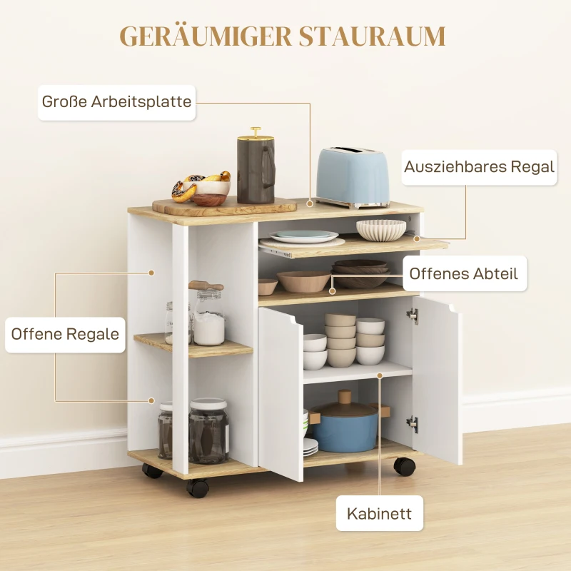 HOMCOM Rollende keukenwagen met opbergruimte, kast, verstelbare planken, voor keuken, woonkamer, eetkamer, wit(m-4)