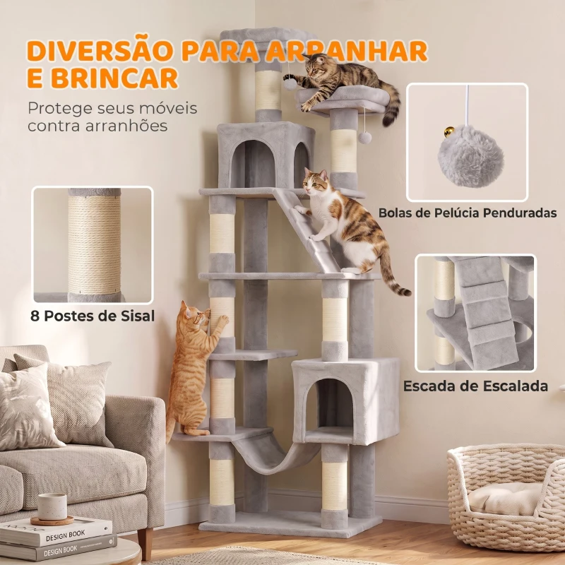 PawHut Arranhador para Gatos 204 cm Multinível com 2 Tocas Rede 2 Camas Postes de Sisal e Escada Cinza Claro