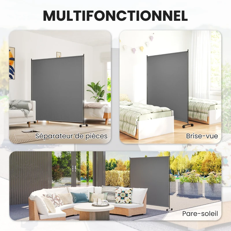 Outsunny Panneau brise-vue paravent extérieur sur roulettes pour le jardin, terrasse, balcon - dim. 183L x 30l x 181H cm - gris