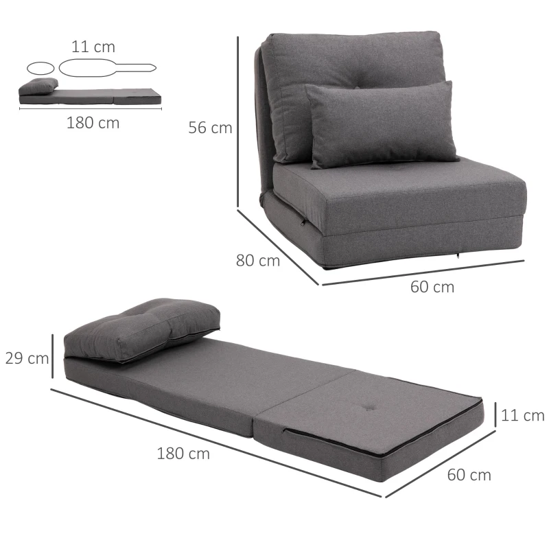 HOMCOM Fotoliu de podea cu pat pliabil, design 2 în 1, pernă detașabilă, 60 x 80 x 56 cm, Gri închis