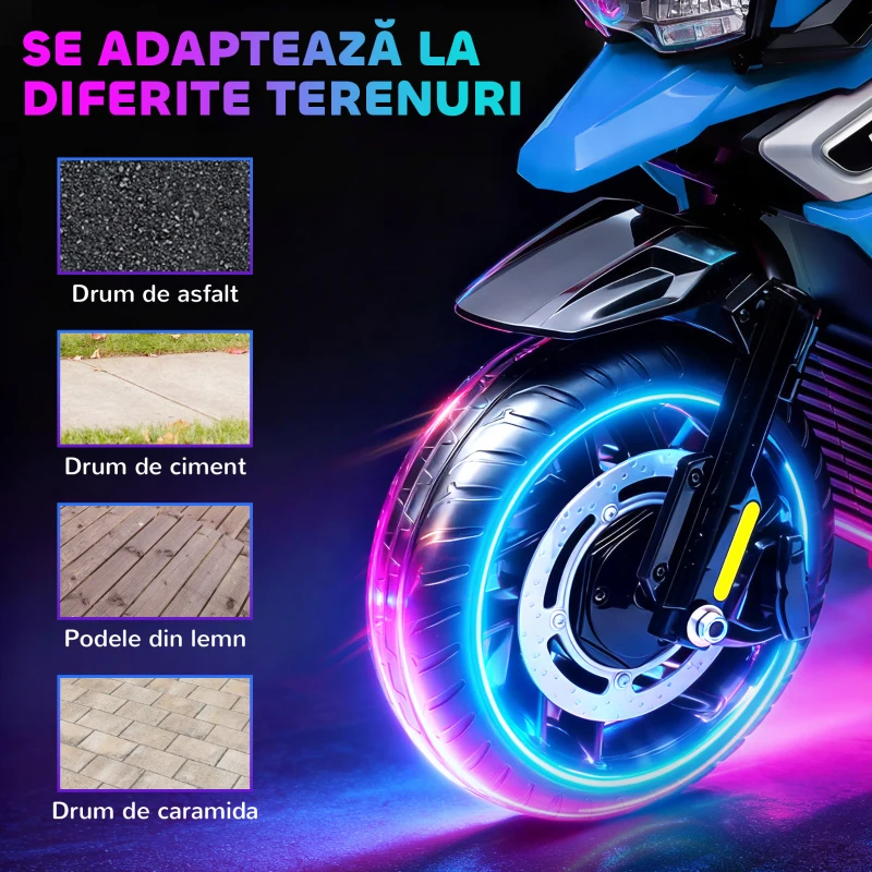 AIYAPLAY Motocicletă Electrică pentru Copii cu Roți Ajutătoare, Oglinzi și Suporturi pentru Picioare, din PP și Metal, 85.5x44.5x56 cm, Albastră