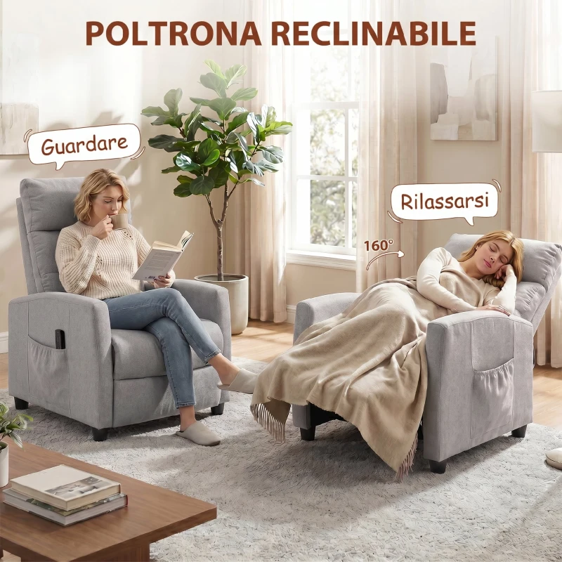 HOMCOM Poltrona Massaggiante e Reclinabile a 160° con Poggiapiedi e Telecomando, 66x91x108 cm, in Ciniglia Grigio Chiaro