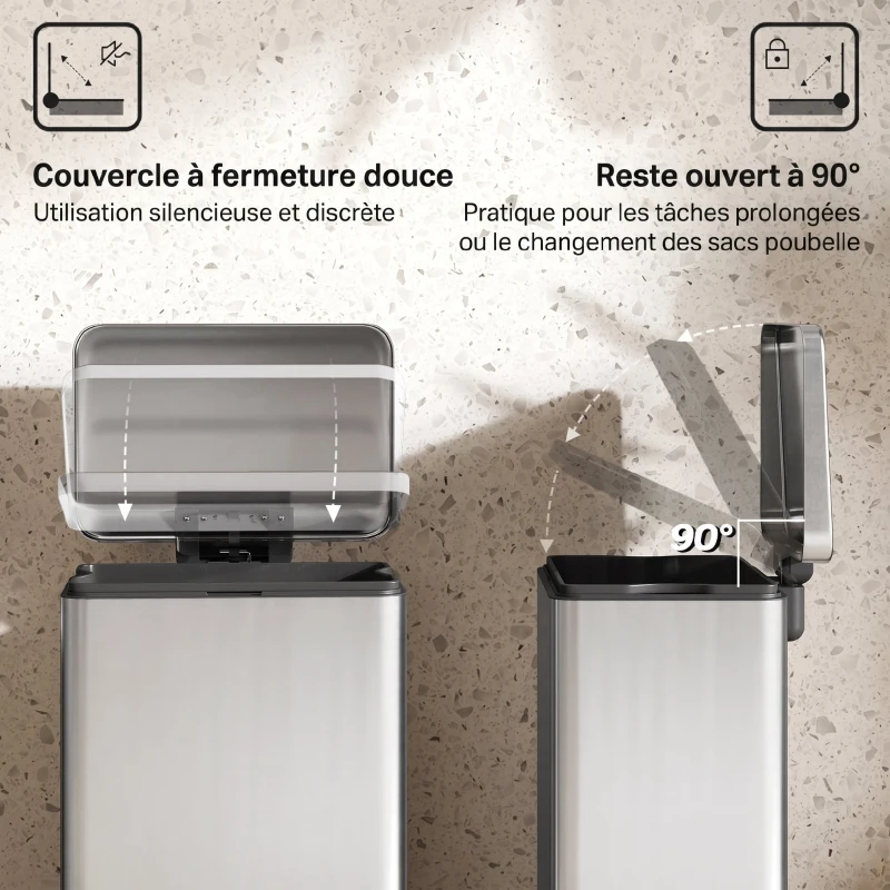 HOMCOM Poubelle de Cuisine 20 L en Acier Inoxydable, Poubelle avec Pédale, Couvercle à Fermeture Douce, Argenté