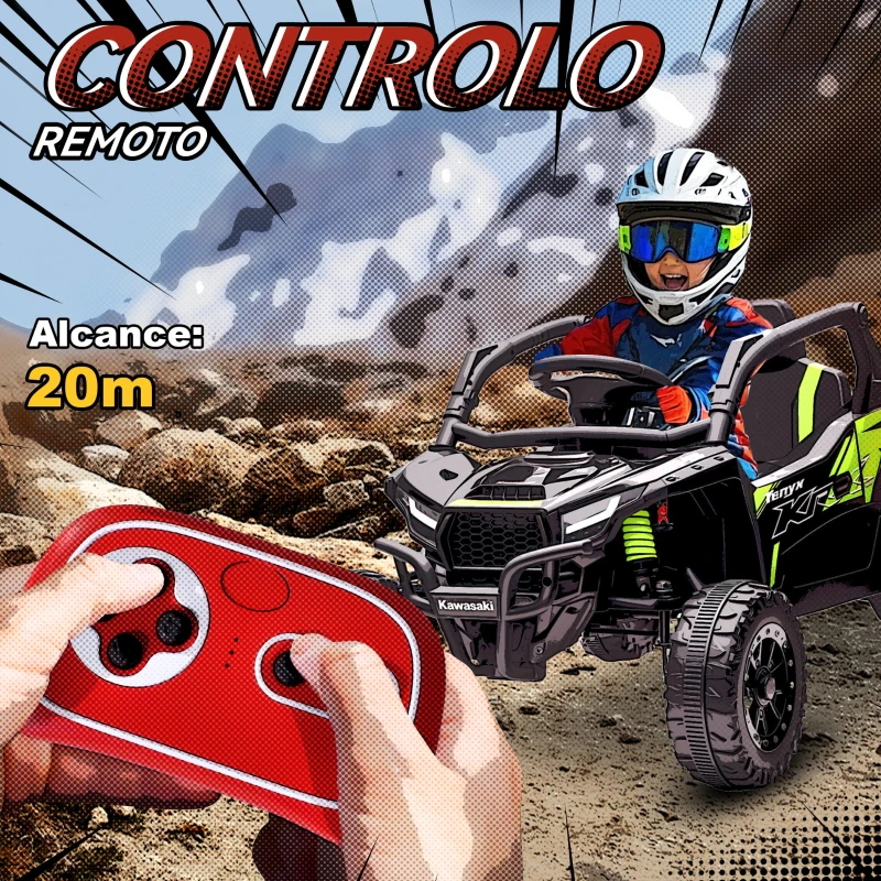 AIYAPLAY Carro Elétrico para Crianças 12V Kawasaki Teryx KRX 1000 com 2 Motores Faróis e USB 100x64x56 cm Preto