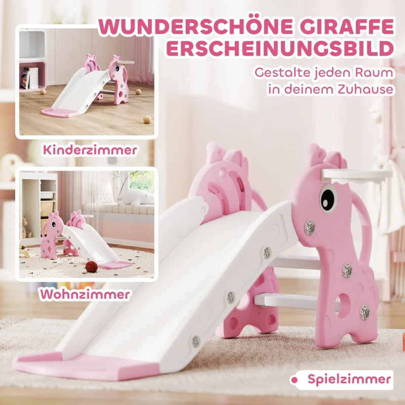 AIYAPLAY 3-in-1 Rutsche für Kinder, Giraffenform, Basketballkorb, Ball, Rosa