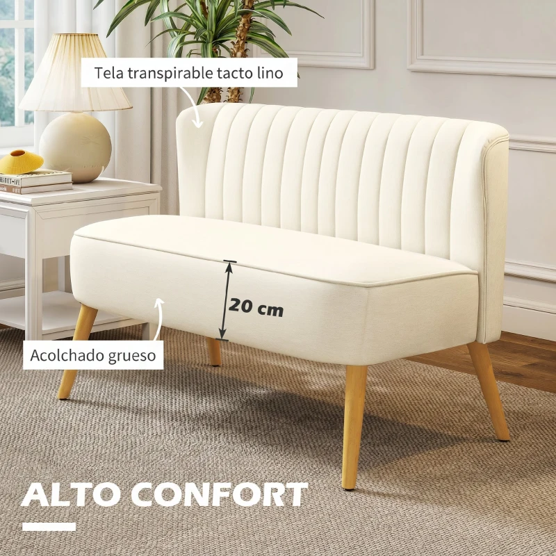 HOMCOM Sofá de 2 Plazas Tapizado en Lino Sintético Asiento y Respaldo Acolchados Patas de Madera Carga 220 kg Blanco Crema