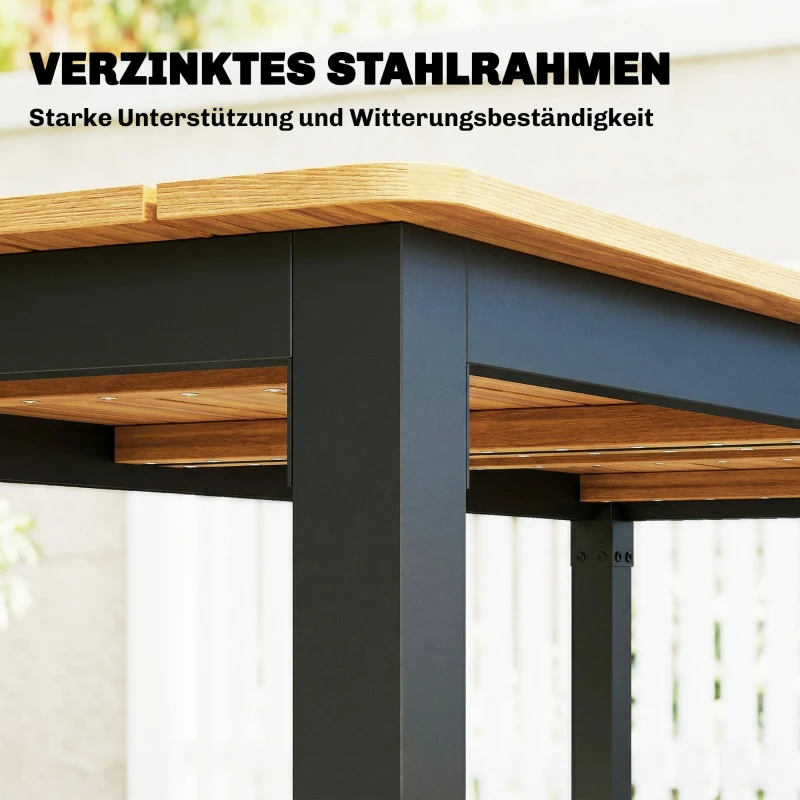 Outsunny Gartentisch 180 x 86 cm für 6-8 Personen Holztisch mit Lamellen-Tischplatte Stahlrahmen Teak