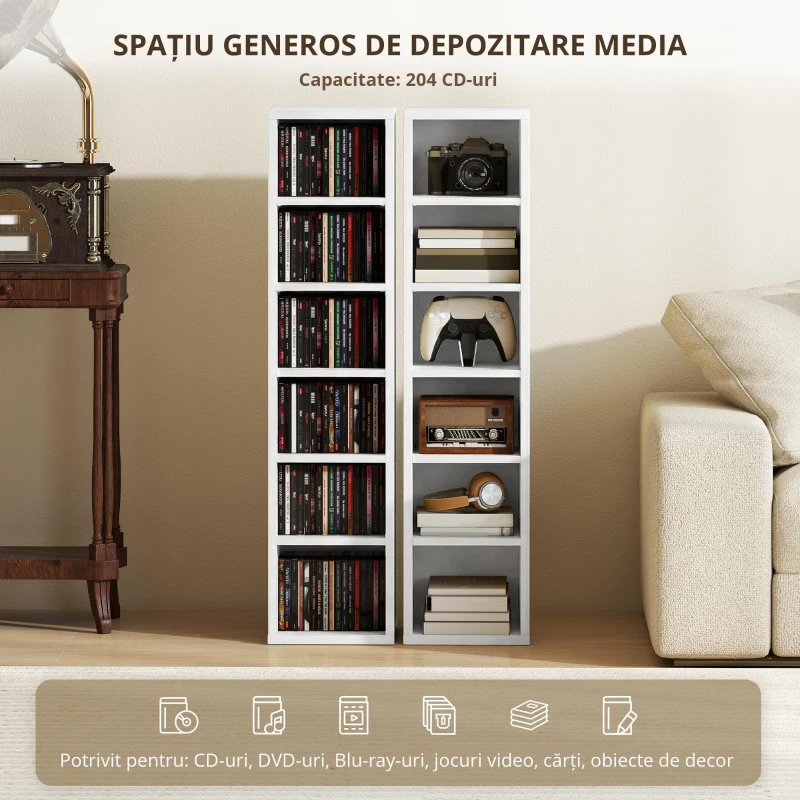 HOMCOM Set de 2 etajere coloane dulap pentru depozitare CD-DVD 12 compartimente 21 x 22,5 x 88,5 cm capacitate 204 CD-uri alb