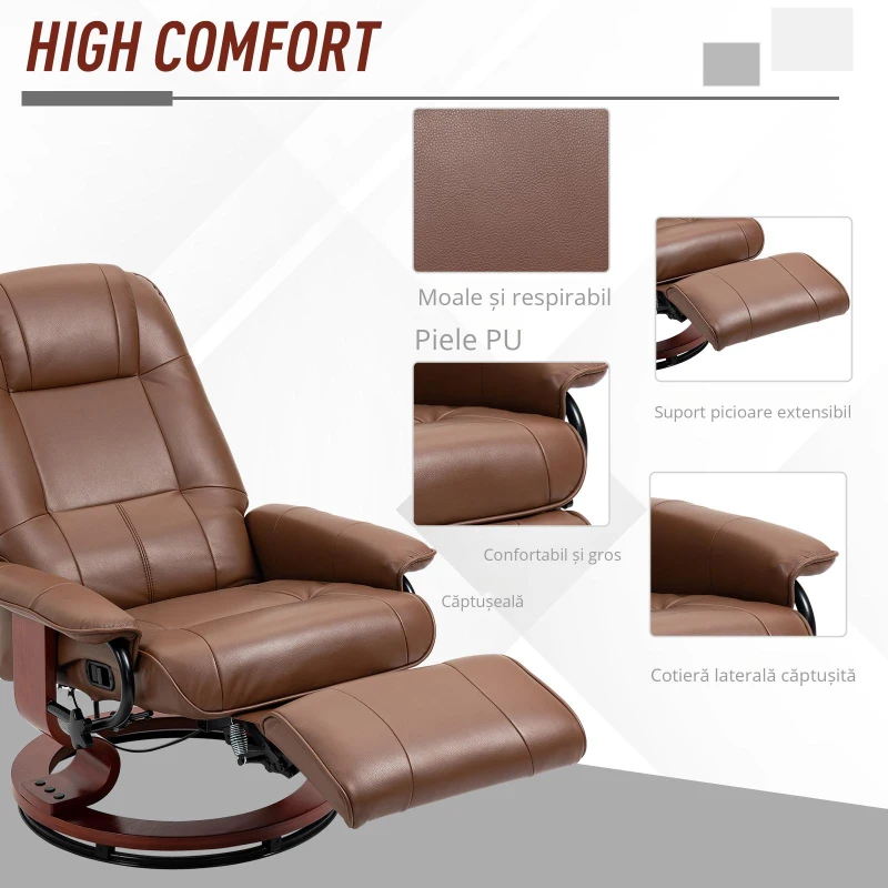 HOMCOM Fotoliu de relaxare, 145° reglabil, suport de picioare ajustabil, piele ecologică, 360° rotativ, până la 120 kg, Maro
