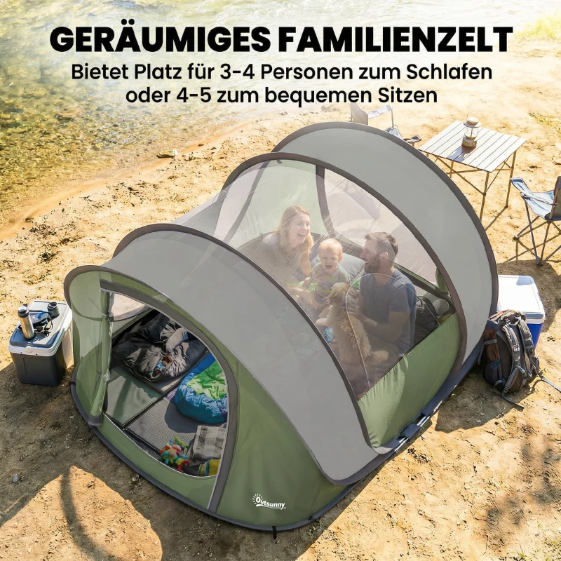 Outsunny Pop Up Zelt 4 Personen Tunnelzelt mit Schlafzimmer 2 Türen 2 Mesh-Fenstern Abnehmbarer Überzug Bodenplane, wasserdicht