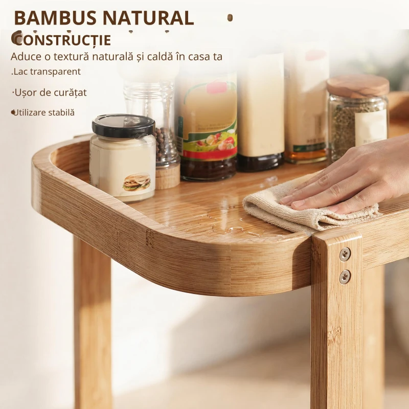 HOMCOM Cărucior de bucătărie din bambus 2 niveluri Cărucior auxiliar pentru bucătărie cu roți 2 rafturi 54x36,5x60 cm Natural