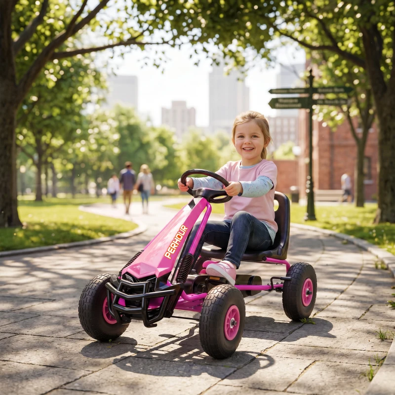 AIYAPLAY Pedal-Gokart für Kinder, höhenverstellbarer Sitz, EVA-Räder, Bremse, Kupplung, 3-8 Jahre, Rosa