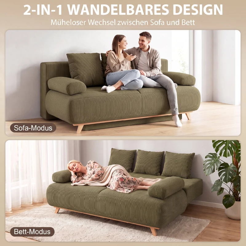 HOMCOM Schlafsofa mit verstellbarer Rückenlehne, Bettfunktion, verstecktem Stauraum und Cordbezug, Dunkelgrün