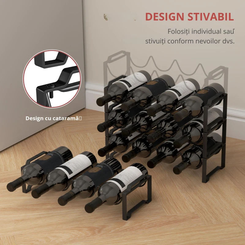 HOMCOM Suport pentru Sticle cu 4 Nivele Ondulate Stivabile pentru 16 Sticle, din Metal, 42,5x16,5x41 cm, Negru