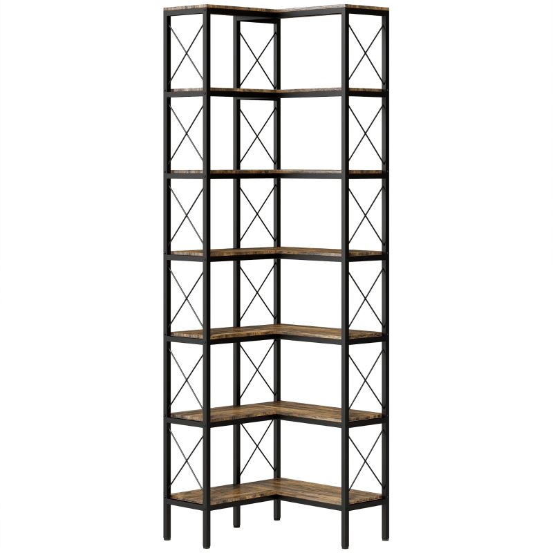 HOMCOM 6-stufiges L-förmiges Bücherregal, freistehendes Eckregal mit Metallrahmen, rustikal braun, 60 x 60 x 200 cm