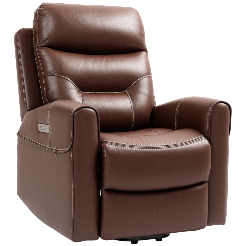 HOMCOM Power Lift Recliner Chair for Elderly, Overstuffed Faux Leather Riser and Reclining Chair with USB A+C Ports, Recliner Armchair for Living Room, Brown