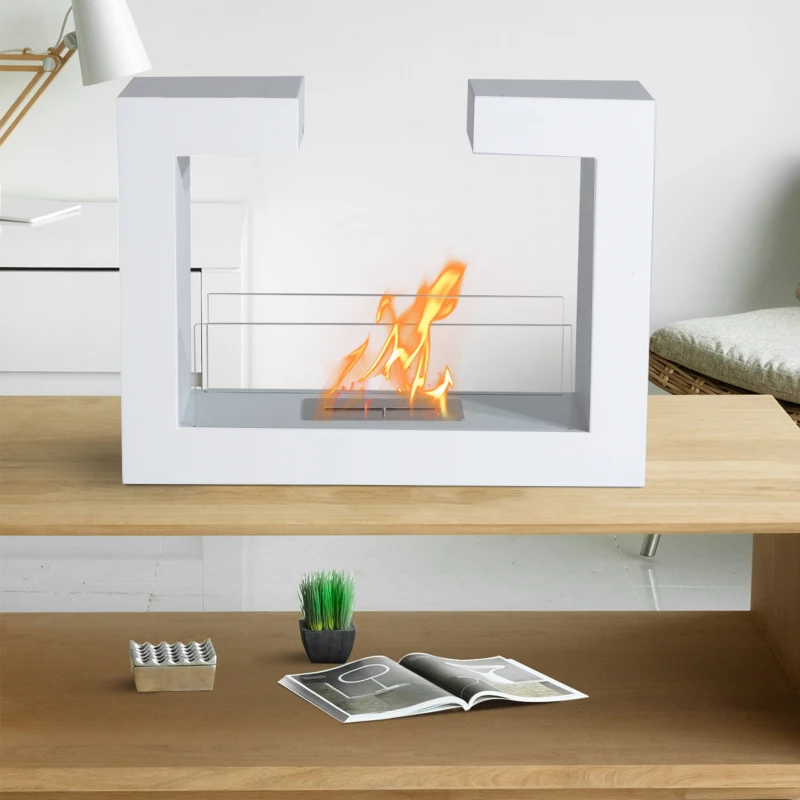HOMCOM Caminetto a Bioetanolo da Tavolo 2000W in Acciaio Inossidabile Inodore con Vetro 78 x 25 x 58 cm Bianco