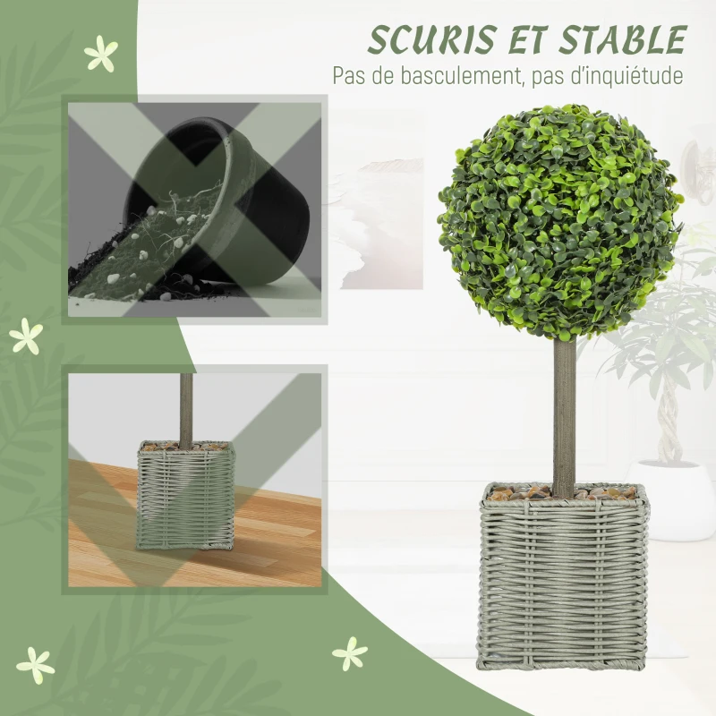 HOMCOM Lot de 2 plantes artificielles décoratives, boules de buis artificiel 50 cm avec pot en plastique tressé et galets, vert