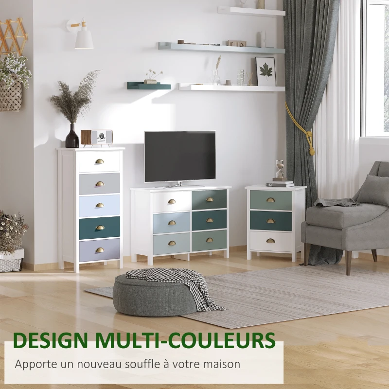 HOMCOM Chiffonnier commode meuble de rangement 5 tiroirs multicolores avec poignée métal coquille MDF - dim. 45L x 30l x 95,4H cm