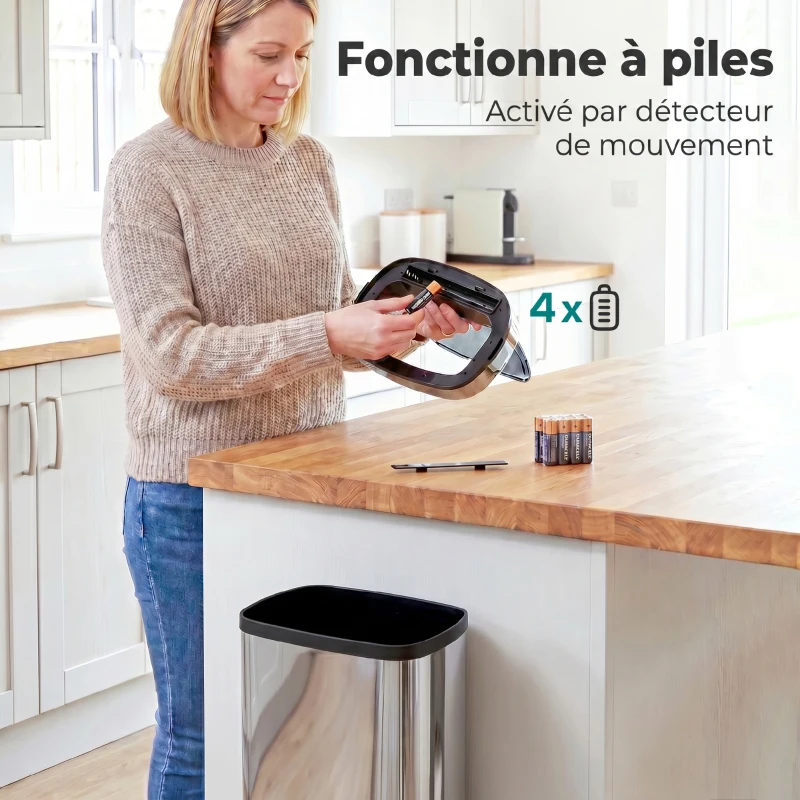 HOMCOM Poubelle à capteur de mouvement ouverture automatique 1 bac de 50 L en acier inoxydable