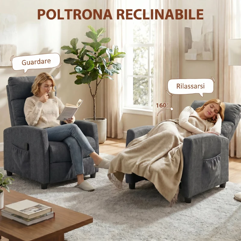 HOMCOM Poltrona Massaggiante e Reclinabile a 160° con Poggiapiedi e Telecomando, 66x91x108 cm, in Ciniglia Grigio Scuro