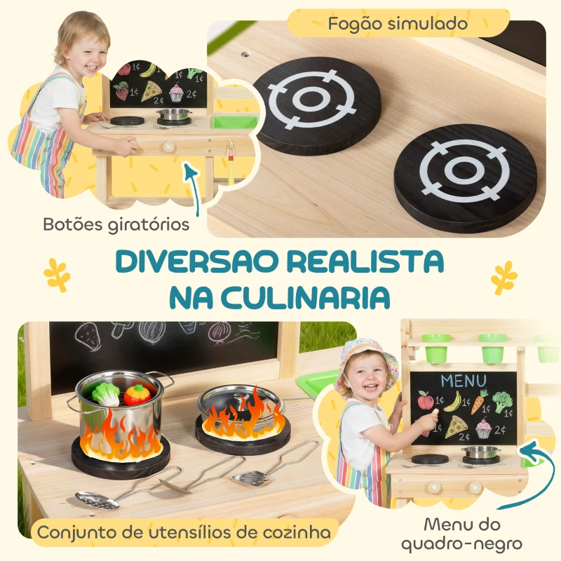 AIYAPLAY Cozinha de Brincar Exterior com Vasos Lavatório Torneira Utensílios de Aço Inoxidável e Quadro-Negro Madeira