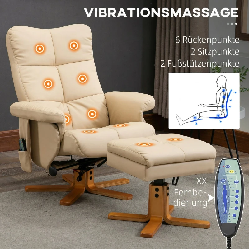 HOMCOM Poltrona Relax Reclinável com Apoio de Pés, 10 Pontos de Massagem, Giratória, Comando à Distância, Bolso Lateral, Creme