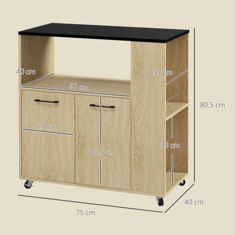 HOMCOM Carrinho de Cozinha com Rodas 2 Portas Prateleira Ajustável Porta-Especiarias para Sala de Jantar 75x40x80,5 cm Madeira