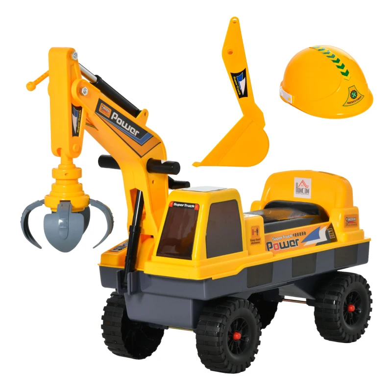 HOMCOM 2 in 1 Ride on Excavator Digger No Power Detachable Digging Bucket and Grab Bucket Music Light for 2-3 Years Old