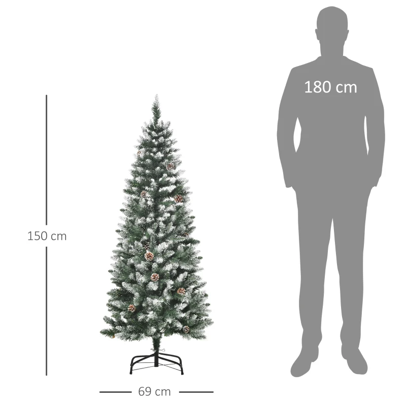 HOMCOM Albero di Natale Innevato da 150 cm con 464 Rami e 28 Pigne in Plastica e Metallo, Verde e Bianco