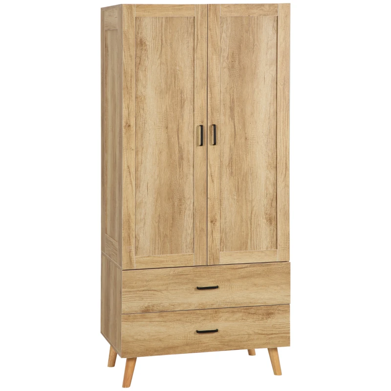 HOMCOM Armadio 2 Ante a Battente con 2 Cassetti e Asta Appendiabiti, 80x54x180 cm, Legno