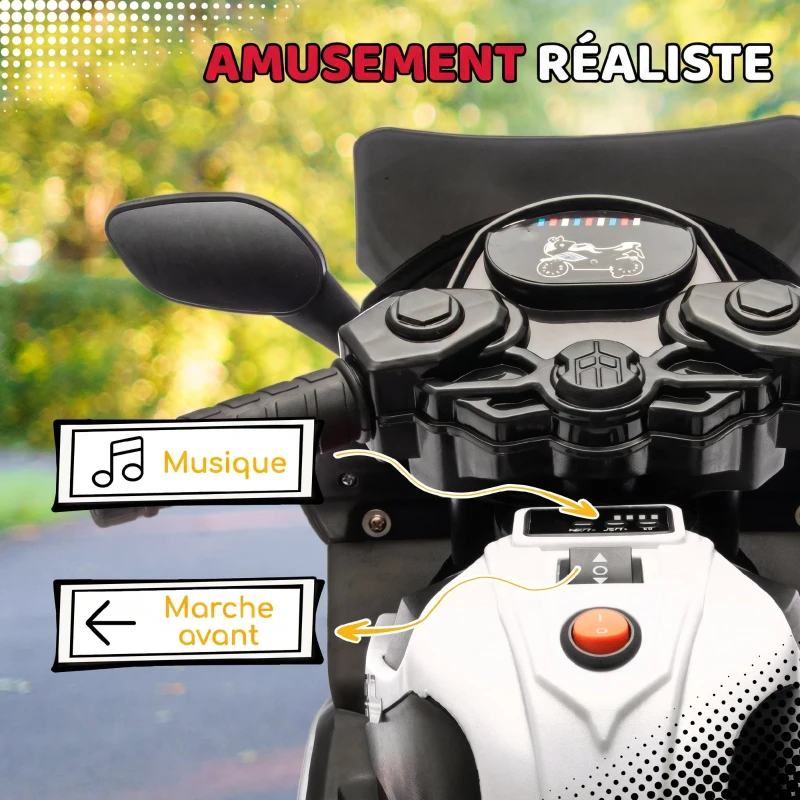 AIYAPLAY Moto électrique enfants 6 V, voiture électrique enfants avec roues d'entraînement, effets lumineux et sonores, blanc