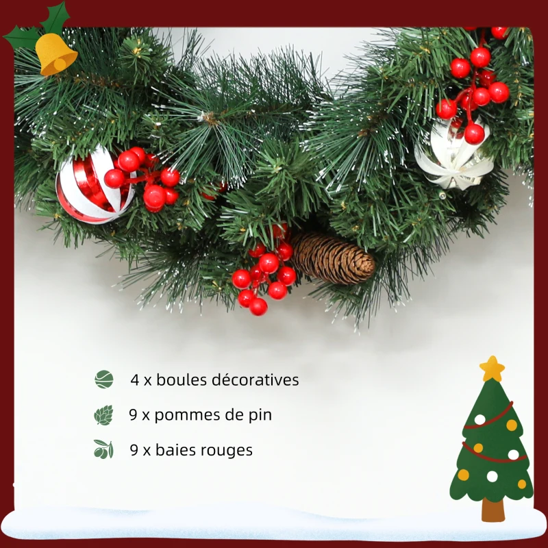 HOMCOM Couronne de Noël lumineuse 60 cm avec 50 LED, minuterie, 146 pointes, pommes de pin, baies, boules décoratives, vert