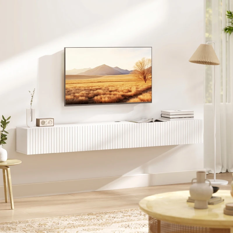 HOMCOM Meuble TV suspendu 180cm, meuble télé pour téléviseur 72 pouces, 2 portes rabattables, 180x25x22cm, blanc