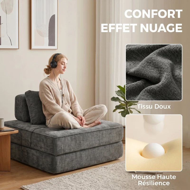 HOMCOM Canapé-lit pliant 2 en 1, chauffeuse 1 place, convertible en chenille, coussin épais, dossier et oreiller, gris